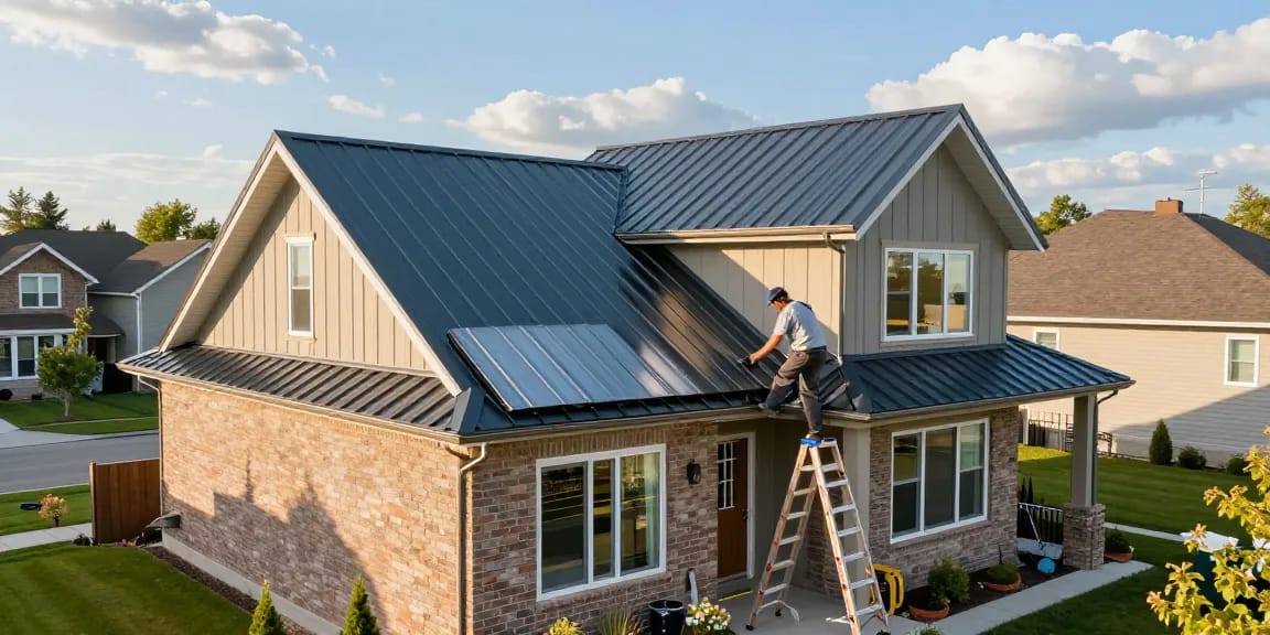 Metal roofing Ontario installation on a residential home, showcasing skilled contractors and modern design.