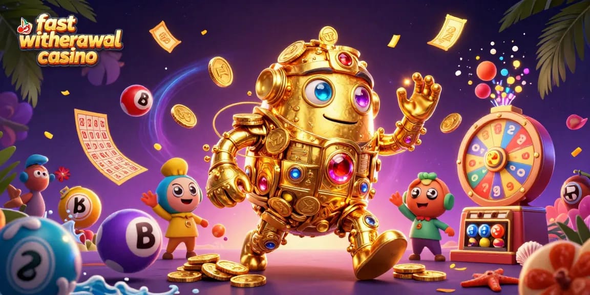 Win big at a fast withdrawal casino with a golden golem and colorful lotto balls!