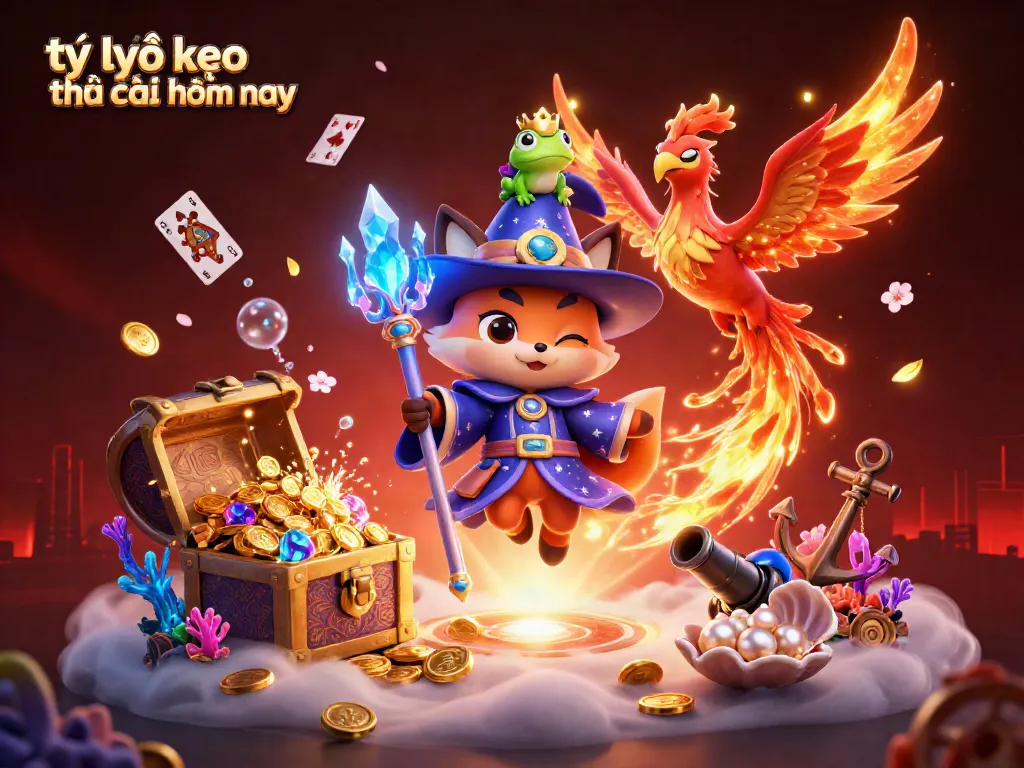 Tỷ lệ kèo nhà cái hôm nay showcased in a rich, dynamic 3D scene with mystical characters and exciting casino elements.