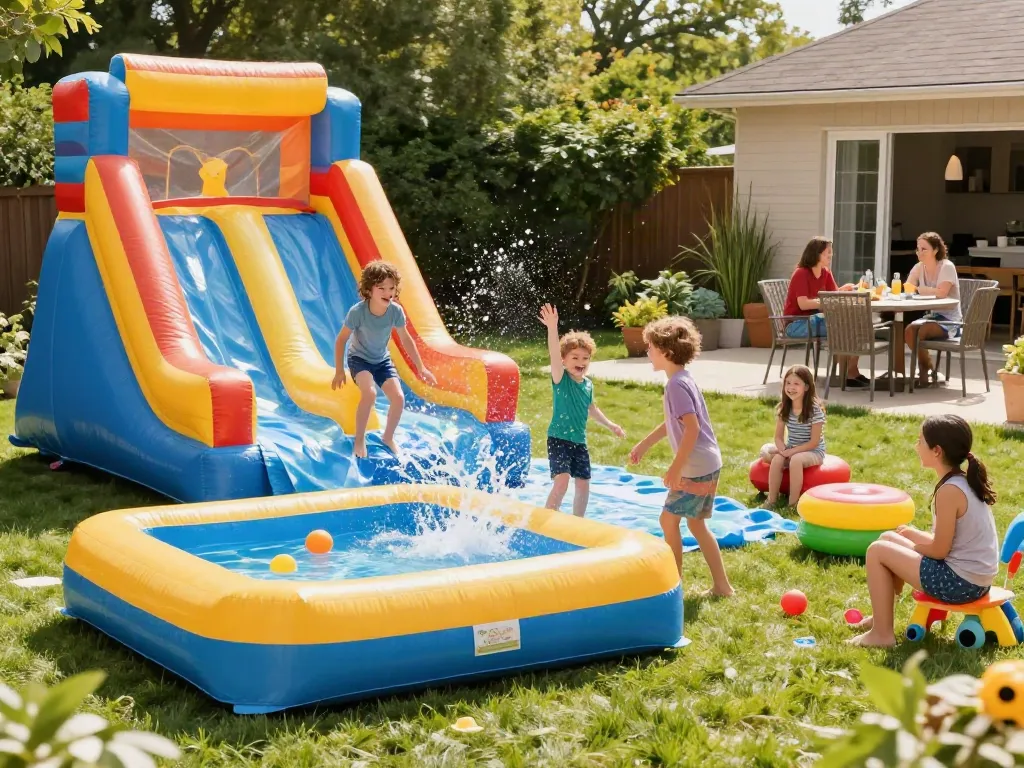 Children enjoying a vibrant water slide in a sunny backyard setting.