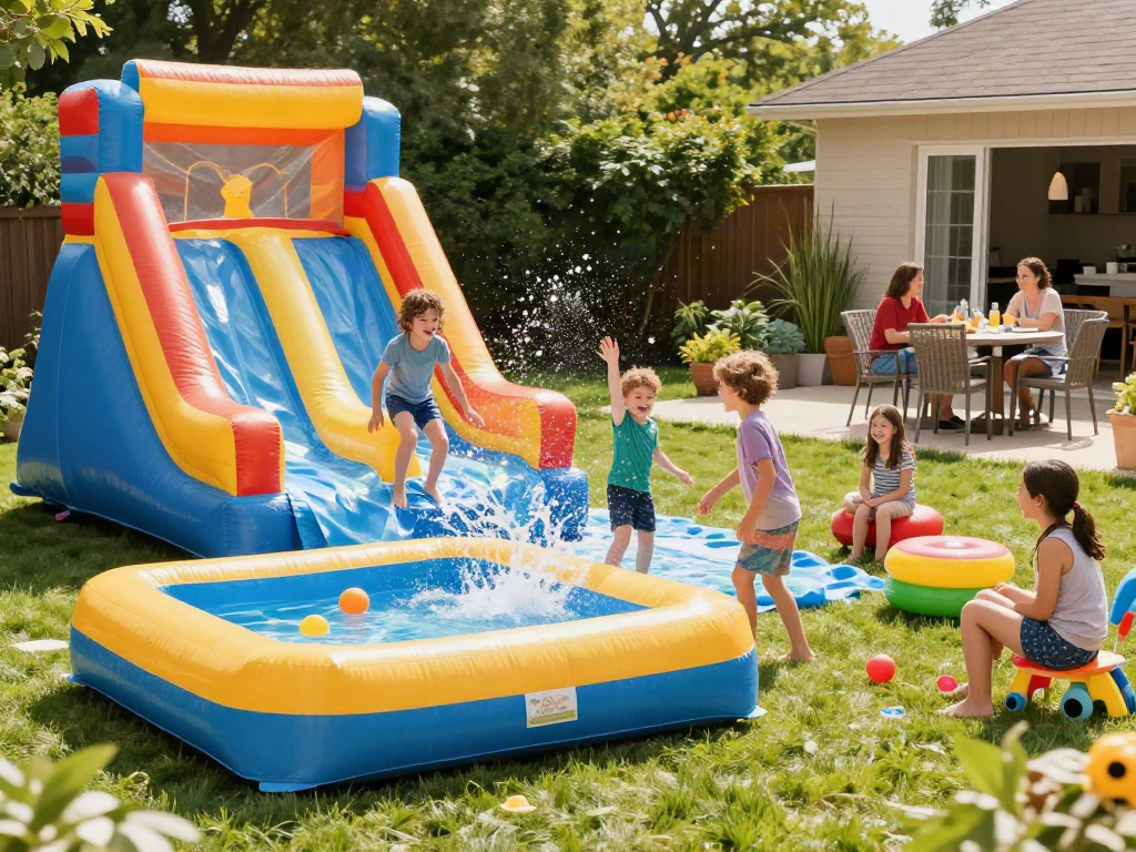 Children enjoying a vibrant water slide in a sunny backyard setting.
