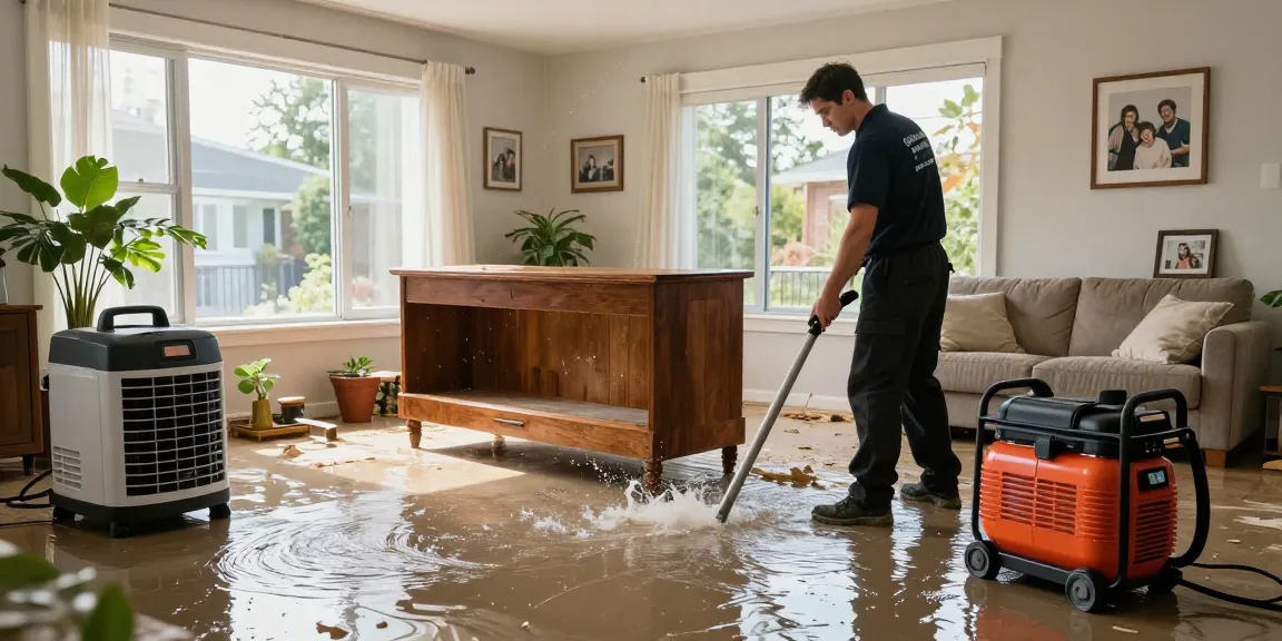 Water Damage Restoration Vancouver: Technician extracting water from a flooded living room while drying equipment operates.