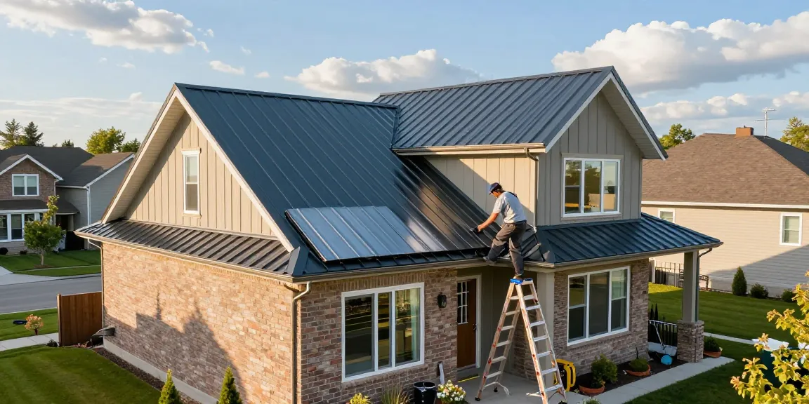 Metal roofing Ontario installation on a residential home, showcasing skilled contractors and modern design.