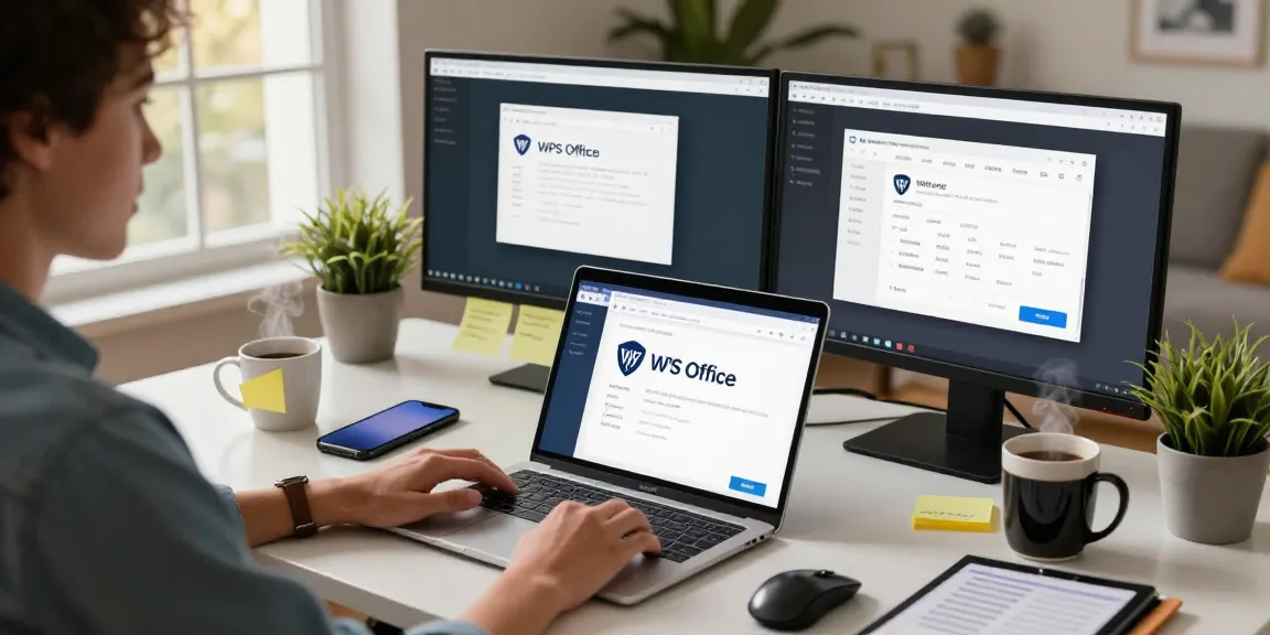 Downloading WPS Download software in a modern home office setup with a laptop and cozy ambiance.
