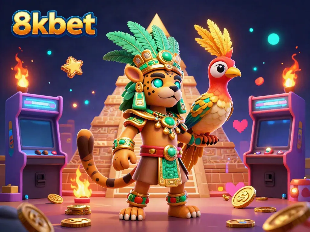 Experience the vibrant gaming scene of 8xbet with dynamic characters and glowing arcade elements.