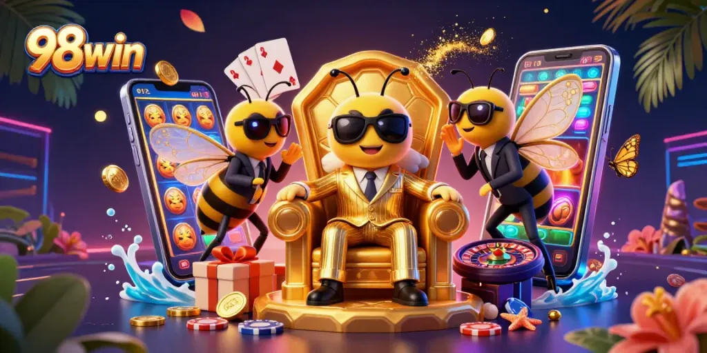 Experience the thrill of 98win with a vibrant casino scene featuring a bumblebee mob boss and dynamic game elements.