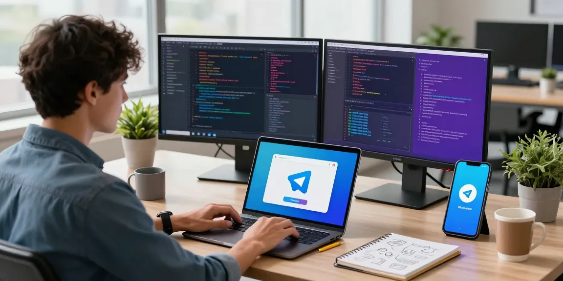 Engaged user downloading Telegram app on a laptop, showcasing a modern tech workspace.