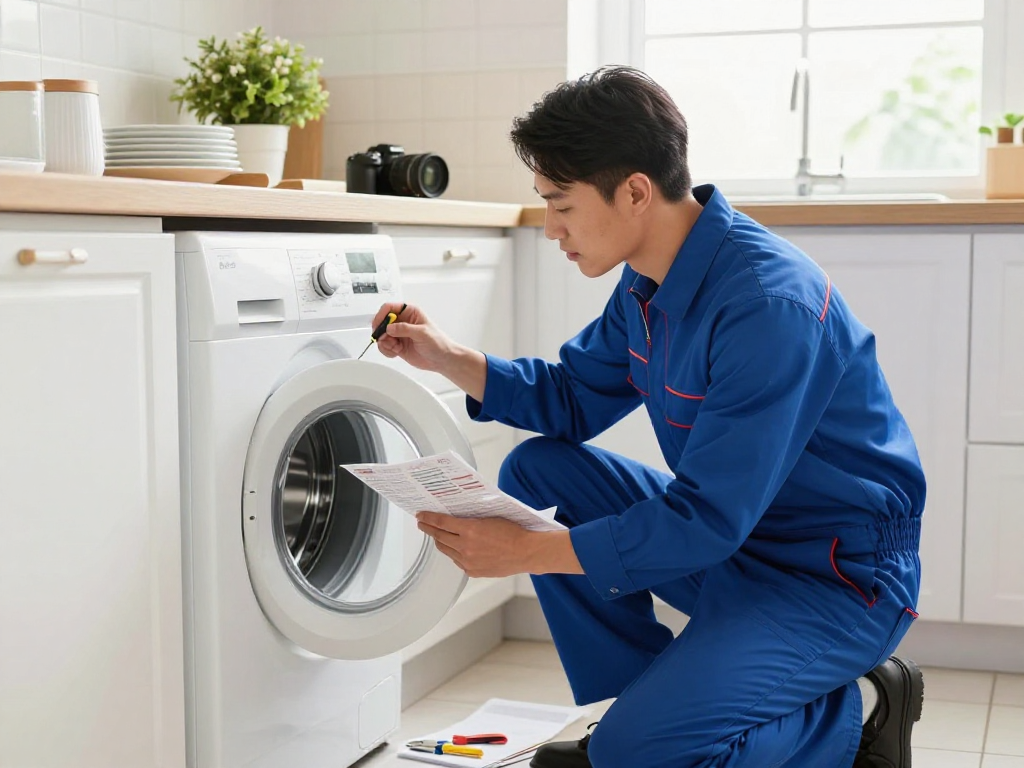 Appliance repair technician fixing a washing machine in a bright kitchen.