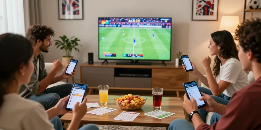 Friends enjoying Bitcoin Sports Betting Canada while watching live sports.