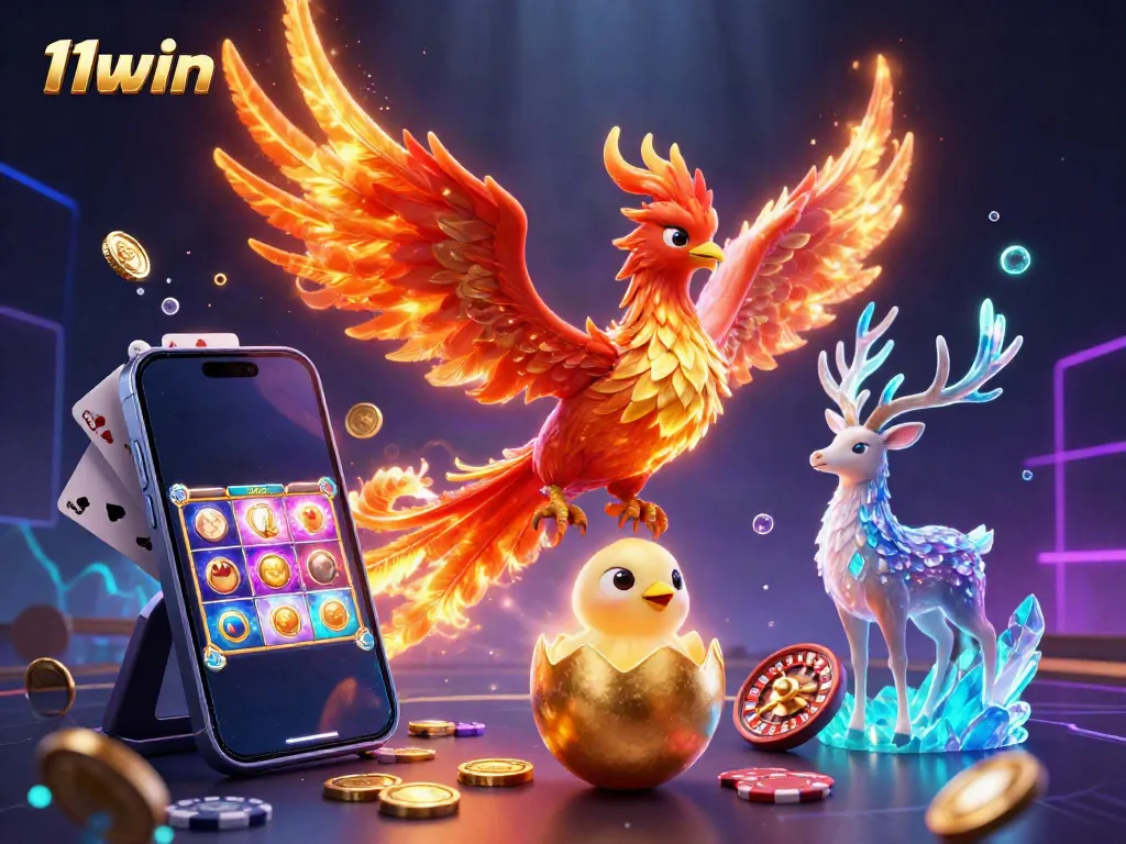 Experience the thrill of 11win with a vibrant casino scene featuring a fire phoenix, gaming elements, and a dynamic casino atmosphere.