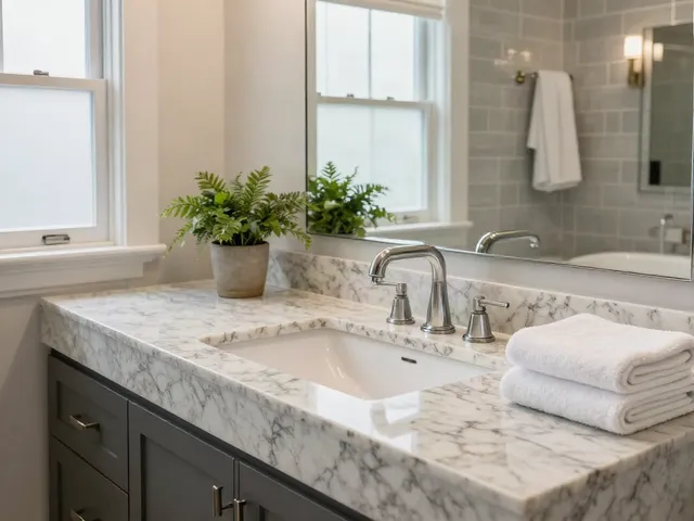 Custom bathroom countertops Hamilton featured in elegant bathroom setup with stylish decor.