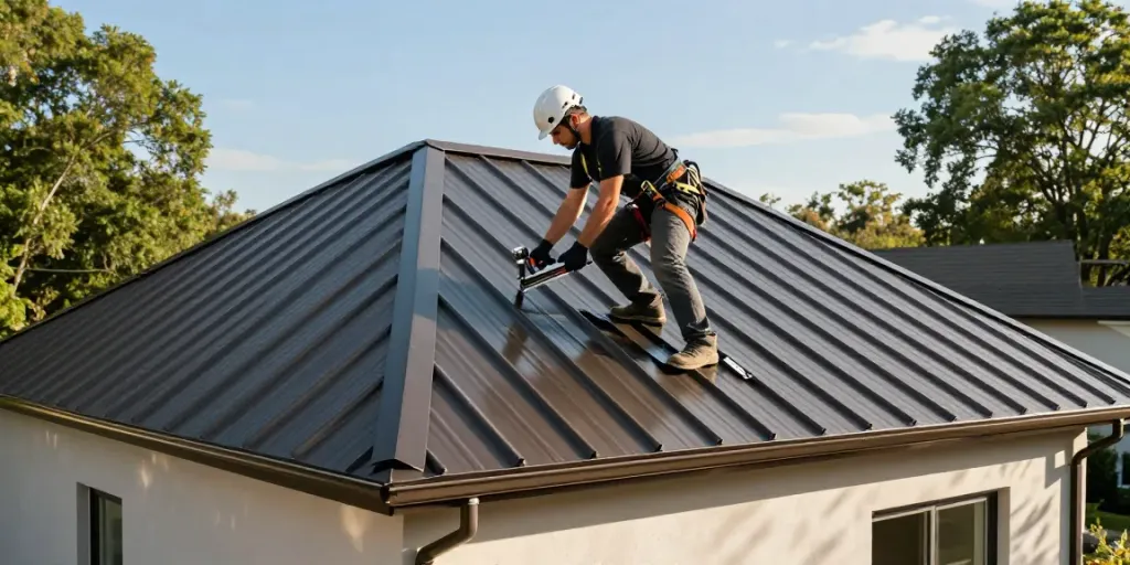 Skilled contractor from mroof.ca installing a durable metal roof on a suburban home.