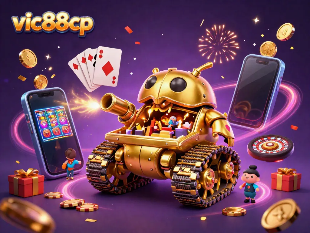 Join thrilling adventures at vic88cp's mini casino inside a golden tank bursting with coins and games.