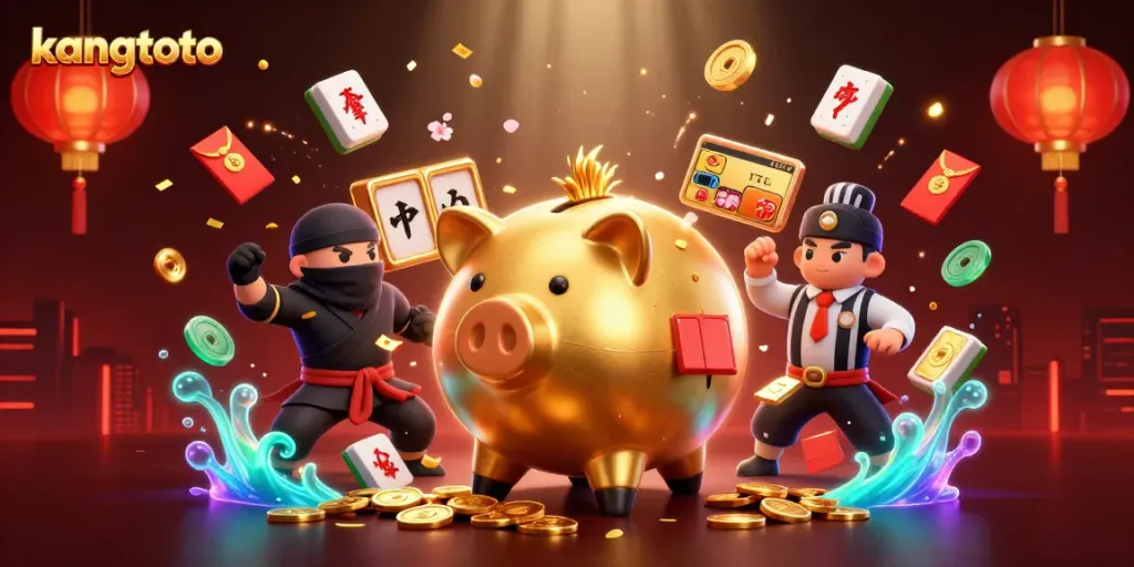 Kangtoto tampilkan sumo pegawai tinggi dengan dompet ninja dan wasit samurai, dikelilingi permainan kasino dalam ilustrasi.