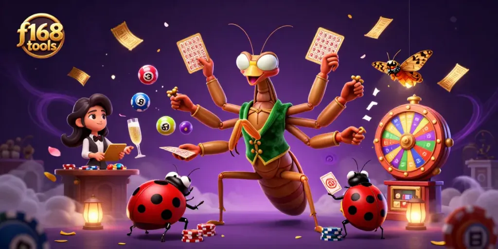 Engage with lively f168 tools casino scene featuring a praying mantis dealer and vibrant game elements.