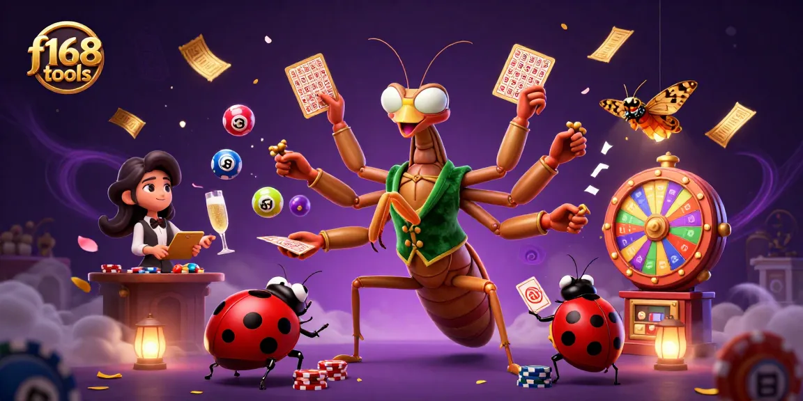 Engage with lively f168 tools casino scene featuring a praying mantis dealer and vibrant game elements.