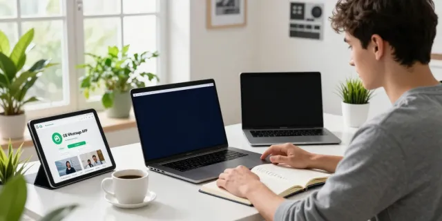 Workspace showcasing gb whatsapp apk download android features with tech devices.