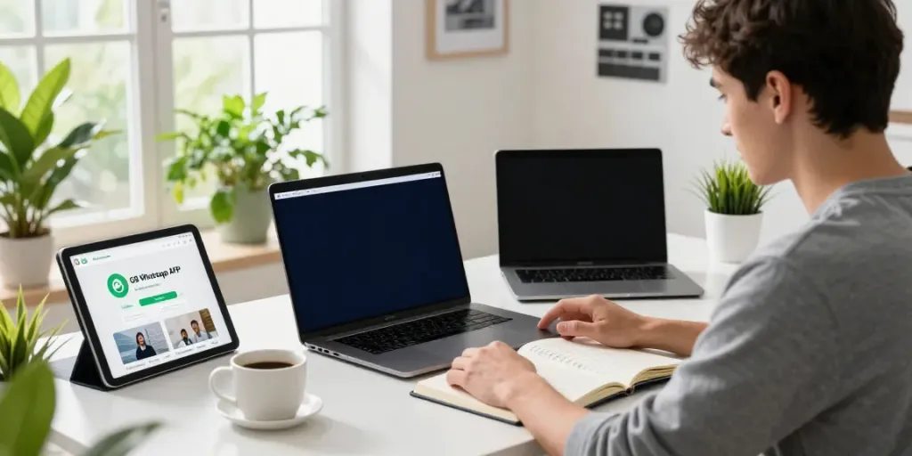 Workspace showcasing gb whatsapp apk download android features with tech devices.