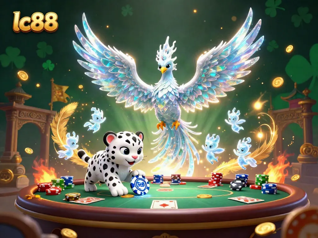 Engage with lc88 at the vibrant poker scene illuminated by an ice phoenix and glowing sprites.