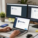 Downloading WPS Download software in a modern home office setup with a laptop and cozy ambiance.