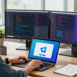 Engaged user downloading Telegram app on a laptop, showcasing a modern tech workspace.
