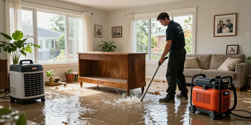 Water Damage Restoration Vancouver: Technician extracting water from a flooded living room while drying equipment operates.