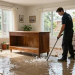 Water Damage Restoration Vancouver: Technician extracting water from a flooded living room while drying equipment operates.